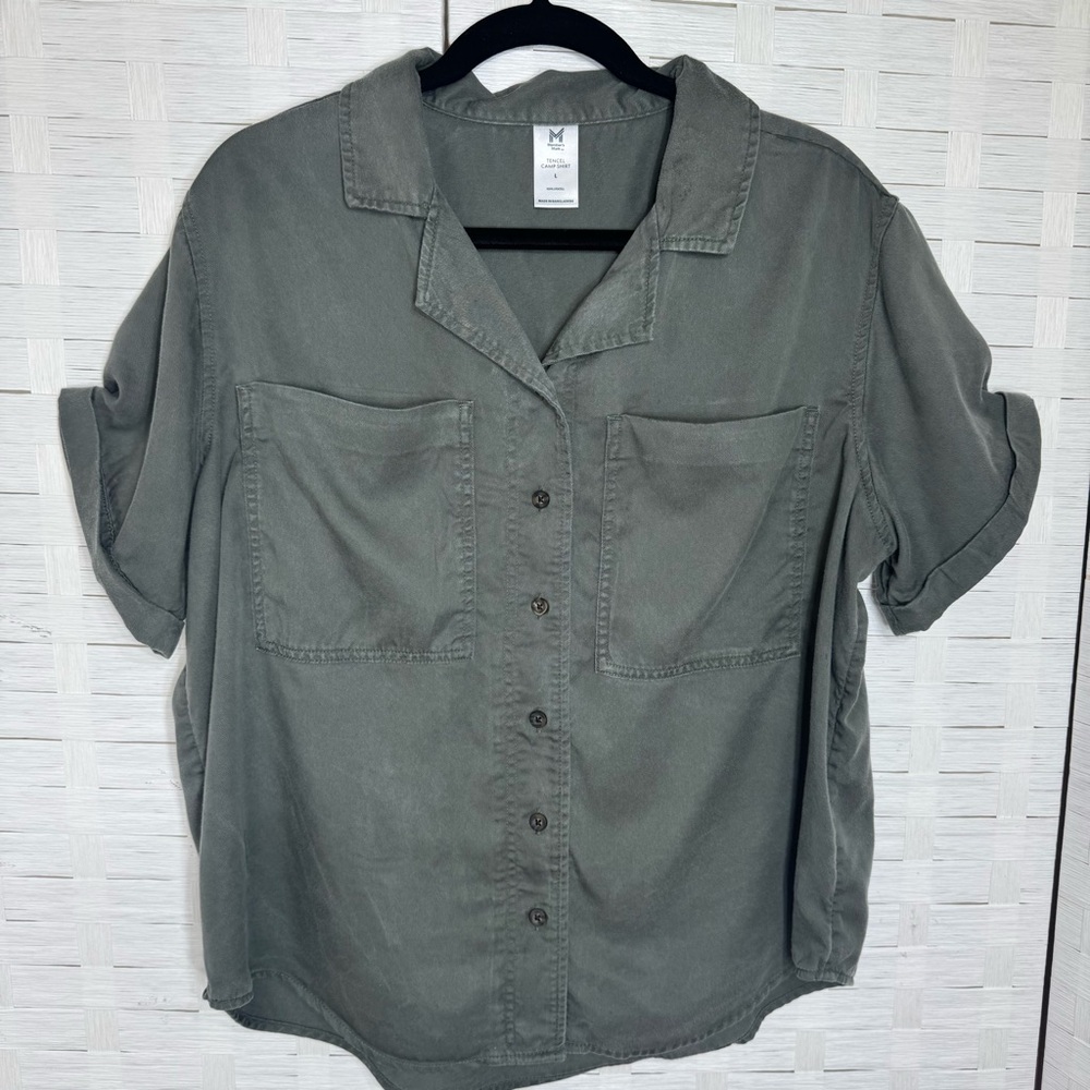 Member’s Mark Olive Green Tencel Cuffed Sleeve Buttoned Camp Shirt‎ Size Large